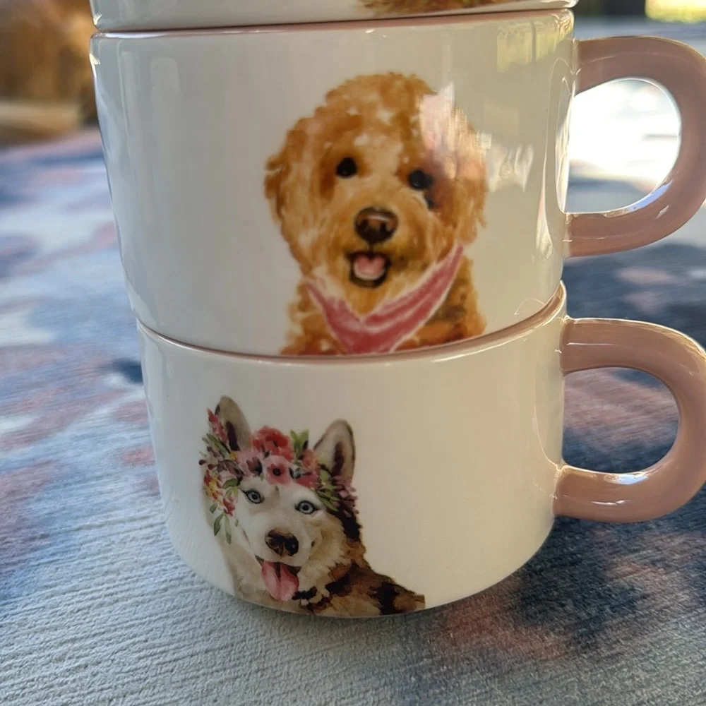 Pier 1 Dolomite Set of 4 Floral Dog Stacking Mugs